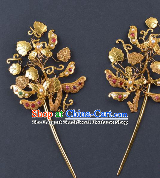China Traditional Qing Dynasty Palace Gems Pearls Hair Stick Handmade Hair Jewelry Ancient Empress Golden Peasecod Hairpin