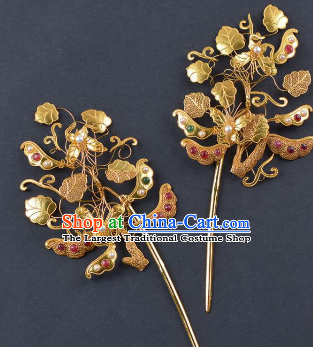 China Traditional Qing Dynasty Palace Gems Pearls Hair Stick Handmade Hair Jewelry Ancient Empress Golden Peasecod Hairpin