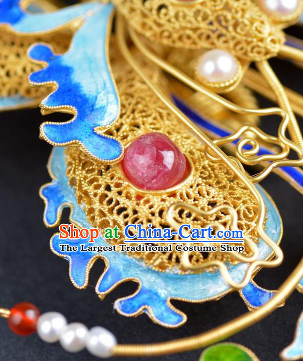 Traditional China Ancient Empress Gems Hairpin Qing Dynasty Palace Cloisonne Butterfly Hair Stick Handmade Hair Ornament
