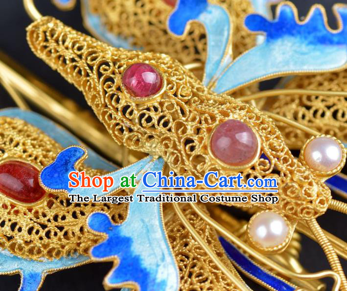 Traditional China Ancient Empress Gems Hairpin Qing Dynasty Palace Cloisonne Butterfly Hair Stick Handmade Hair Ornament
