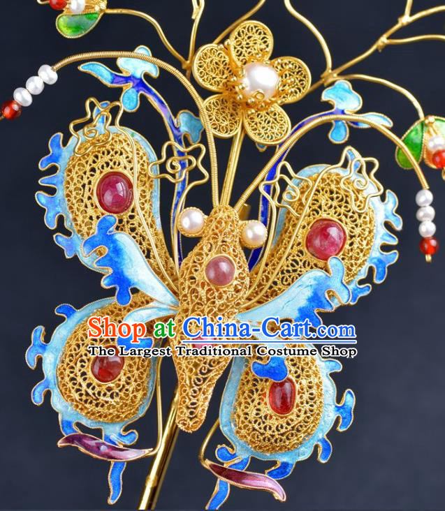 Traditional China Ancient Empress Gems Hairpin Qing Dynasty Palace Cloisonne Butterfly Hair Stick Handmade Hair Ornament