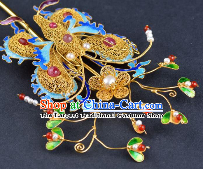 Traditional China Ancient Empress Gems Hairpin Qing Dynasty Palace Cloisonne Butterfly Hair Stick Handmade Hair Ornament