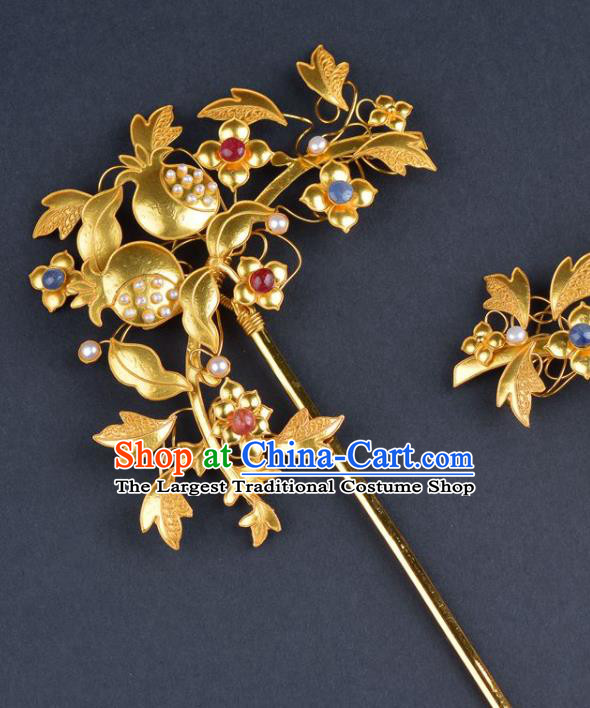 China Traditional Qing Dynasty Palace Golden Pomegranate Hair Stick Handmade Gems Hair Jewelry Ancient Empress Pearls Hairpin