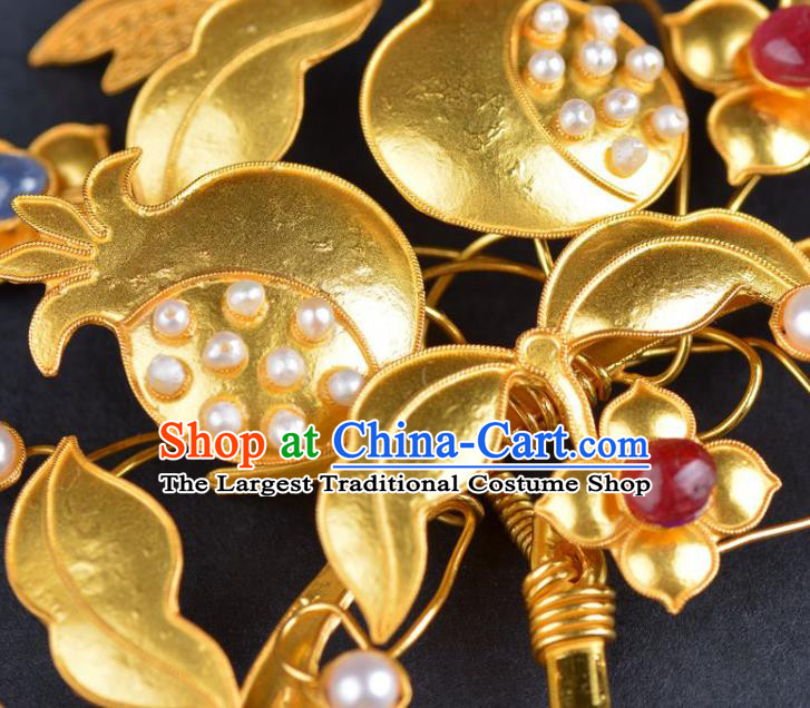 China Traditional Qing Dynasty Palace Golden Pomegranate Hair Stick Handmade Gems Hair Jewelry Ancient Empress Pearls Hairpin
