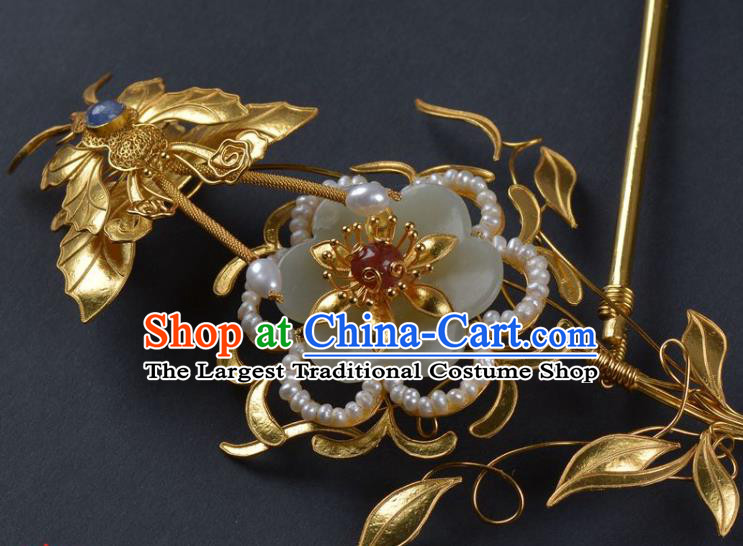 China Traditional Qing Dynasty Jade Flower Hair Stick Handmade Pearls Hair Jewelry Ancient Empress Golden Butterfly Hairpin