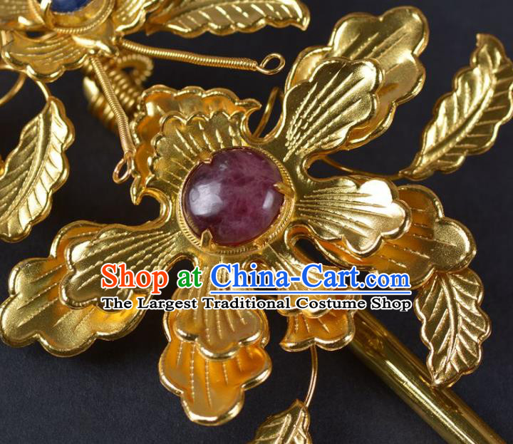 China Traditional Tang Dynasty Palace Golden Peony Hair Stick Handmade Hair Jewelry Ancient Empress Ruby Hairpin
