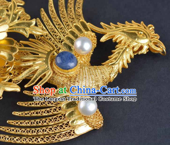 China Traditional Ming Dynasty Pearls Tassel Phoenix Hair Stick Handmade Hair Jewelry Ancient Empress Hairpin Step Shake