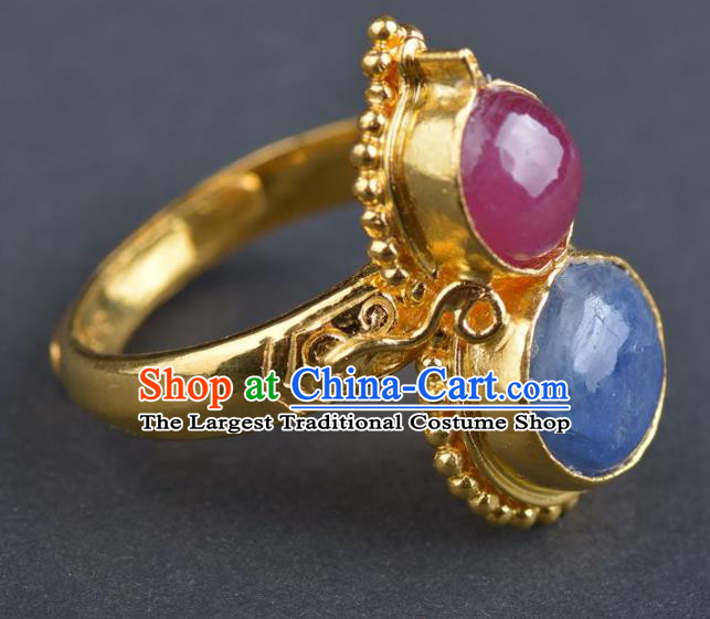 Handmade Chinese Traditional Ming Dynasty Court Gems Gourd Ring Accessories Ancient Empress Jewelry Golden Ring
