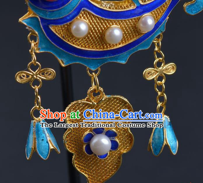 Handmade Chinese Blueing Earrings Traditional Ming Dynasty Court Carp Accessories Ancient Empress Pearls Jewelry