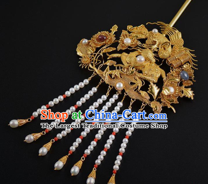 China Handmade Hair Jewelry Ancient Empress Pearls Tassel Hairpin Traditional Qing Dynasty Palace Golden Phoenix Hair Stick
