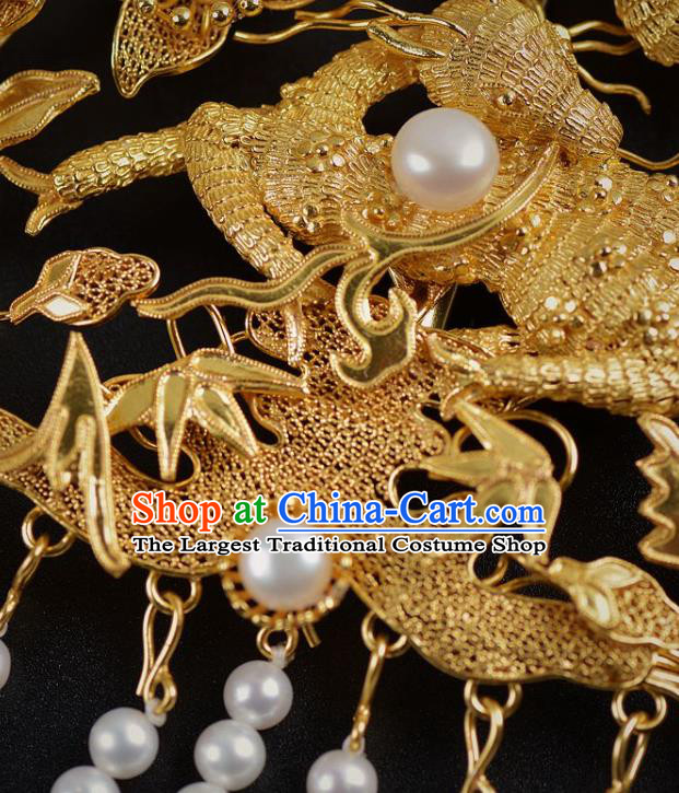 China Handmade Hair Jewelry Ancient Empress Pearls Tassel Hairpin Traditional Qing Dynasty Palace Golden Phoenix Hair Stick