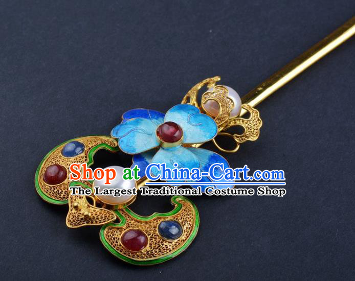 China Ancient Empress Enamel Peony Hair Stick Handmade Hair Jewelry Traditional Qing Dynasty Palace Gems Bat Hairpin