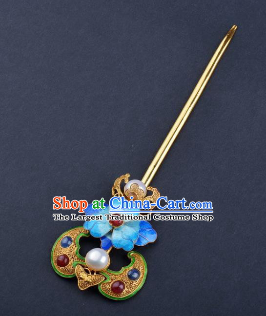 China Ancient Empress Enamel Peony Hair Stick Handmade Hair Jewelry Traditional Qing Dynasty Palace Gems Bat Hairpin