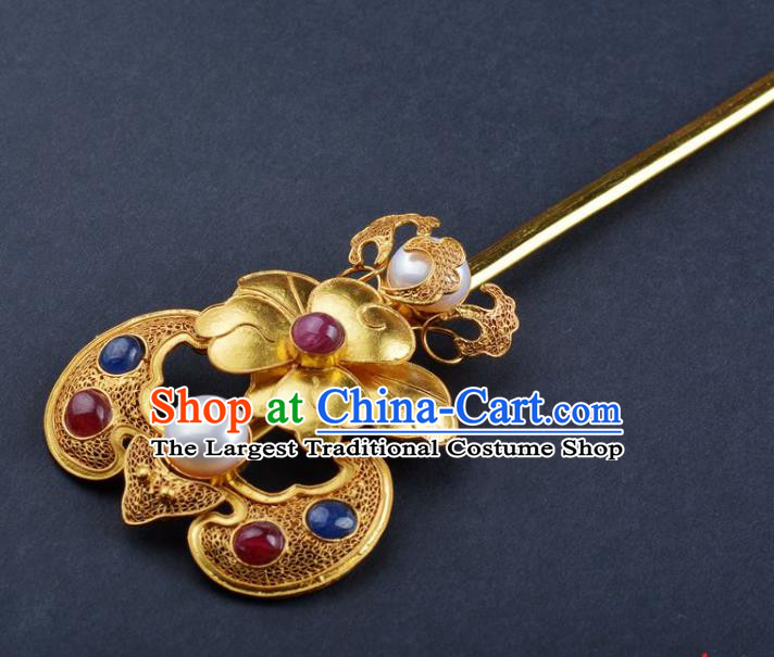 China Handmade Hair Jewelry Traditional Qing Dynasty Palace Gems Bat Hairpin Ancient Empress Golden Peony Hair Stick