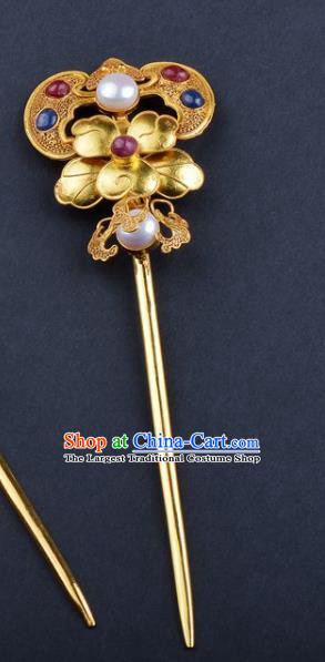 China Handmade Hair Jewelry Traditional Qing Dynasty Palace Gems Bat Hairpin Ancient Empress Golden Peony Hair Stick