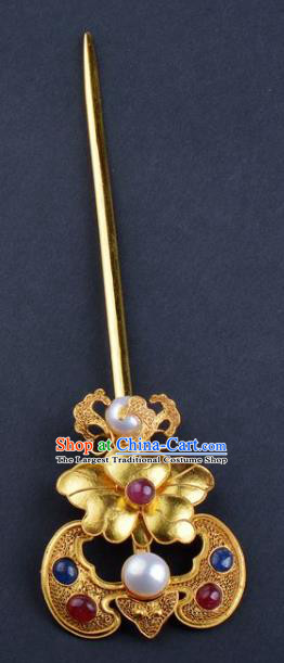 China Handmade Hair Jewelry Traditional Qing Dynasty Palace Gems Bat Hairpin Ancient Empress Golden Peony Hair Stick