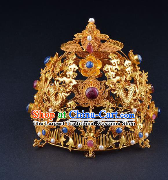 China Ancient Empress Gems Hair Crown Handmade Palace Hair Jewelry Traditional Ming Dynasty Hairpin Coronet