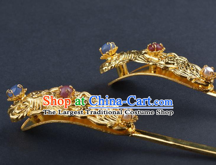 Traditional China Ming Dynasty Court Hairpin Handmade Palace Hair Ornament Ancient Empress Golden Phoenix Peony Hair Stick