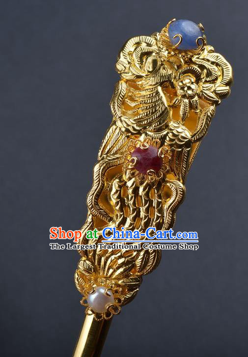 Traditional China Ming Dynasty Court Hairpin Handmade Palace Hair Ornament Ancient Empress Golden Phoenix Peony Hair Stick