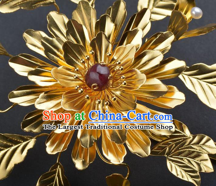 Traditional China Ancient Empress Hair Stick Handmade Palace Hair Ornament Qing Dynasty Court Golden Peony Hairpin