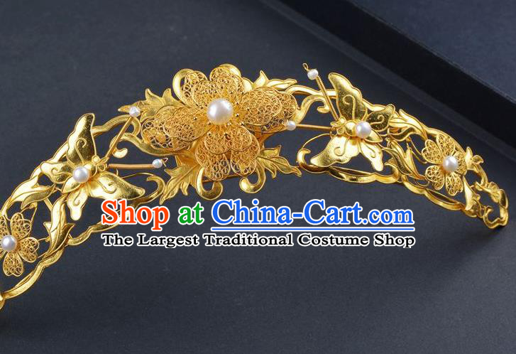 Traditional China Handmade Palace Hair Ornament Qing Dynasty Butterfly Pearls Hair Crown Ancient Empress Filigree Golden Peony Hairpin