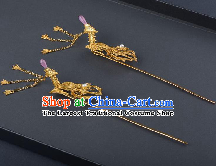 Traditional China Ming Dynasty Hair Stick Handmade Palace Hair Ornament Ancient Empress Golden Phoenix Tassel Hairpin