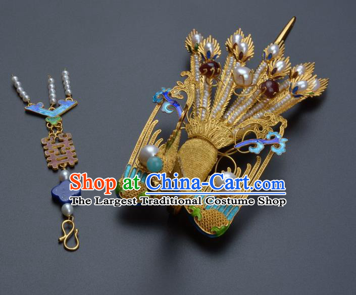 Traditional China Ancient Empress Pearls Hair Stick Qing Dynasty Palace Filigree Phoenix Hairpin Handmade Hair Ornament