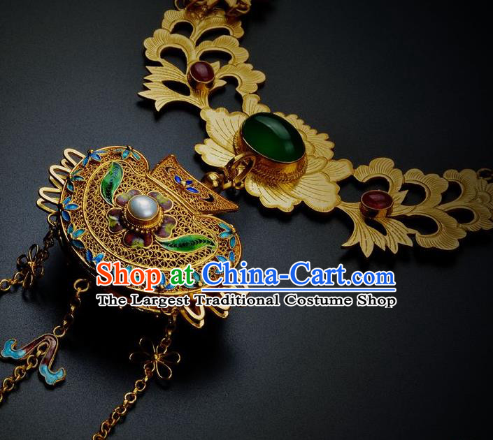 Handmade Chinese Traditional Ming Dynasty Golden Lotus Necklace Accessories Ancient Empress Gems Necklet Jewelry