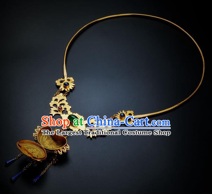Handmade Chinese Traditional Ming Dynasty Golden Lotus Necklace Accessories Ancient Empress Gems Necklet Jewelry