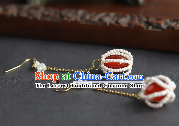 Handmade Chinese Traditional Wedding Red Agate Ear Accessories Ancient Empress Beads Earrings