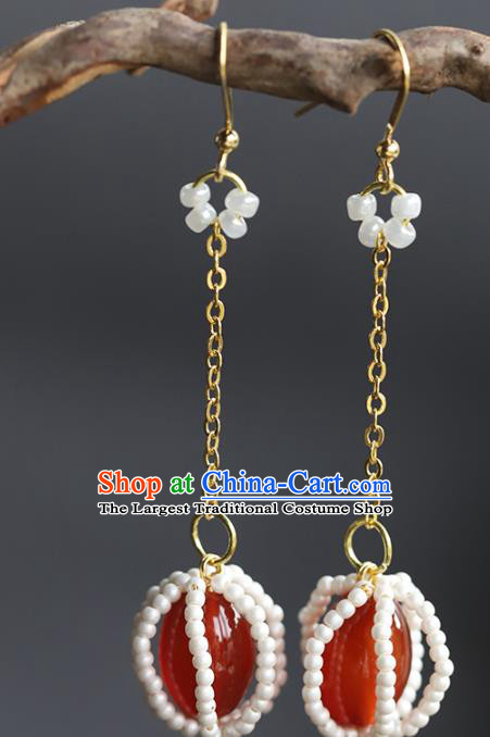Handmade Chinese Traditional Wedding Red Agate Ear Accessories Ancient Empress Beads Earrings