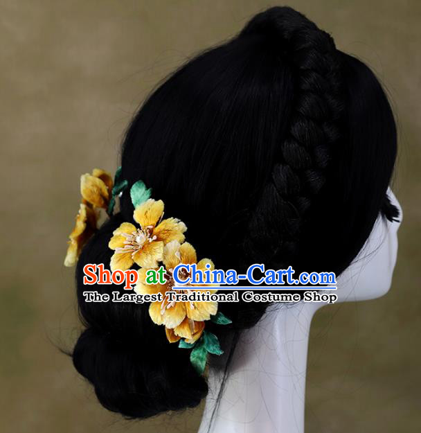 Chinese Traditional Hanfu Hairpin Wedding Hair Accessories Ancient Bride Yellow Velvet Flower Hair Comb