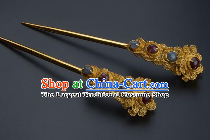 Traditional China Ming Dynasty Palace Gems Hair Stick Handmade Hair Ornament Ancient Empress Golden Peony Hairpin