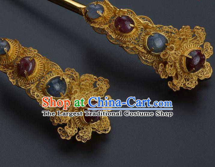 Traditional China Ming Dynasty Palace Gems Hair Stick Handmade Hair Ornament Ancient Empress Golden Peony Hairpin