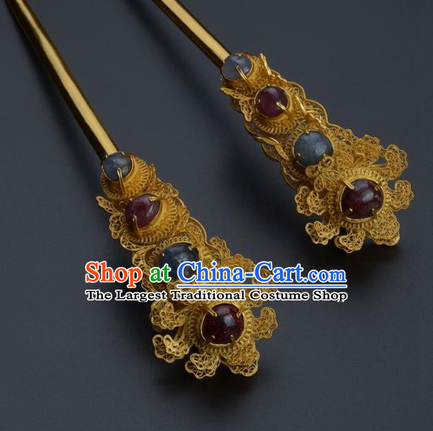 Traditional China Ming Dynasty Palace Gems Hair Stick Handmade Hair Ornament Ancient Empress Golden Peony Hairpin