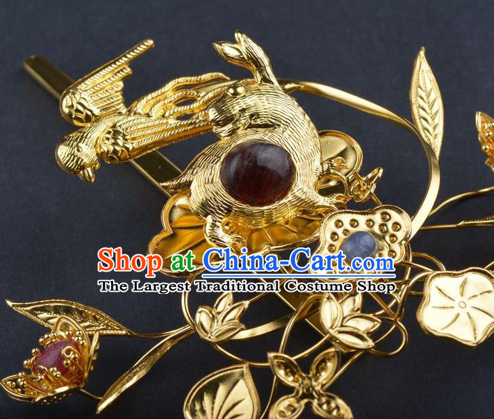 Traditional China Ming Dynasty Palace Ruby Hairpin Handmade Hair Ornament Ancient Empress Golden Rabbit Hair Crown