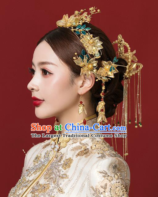 Traditional China Handmade Hair Ornament Wedding Tassel Hairpins Ancient Empress Yellow Lotus Hair Crown Full Set