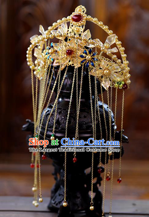 Traditional China Handmade Hair Ornament Wedding Tassel Hairpins Ancient Empress Yellow Lotus Hair Crown Full Set