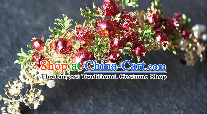 Chinese Hanfu Red Pomegranate Hair Crown Traditional Wedding Hair Accessories Ancient Bride Hair Stick