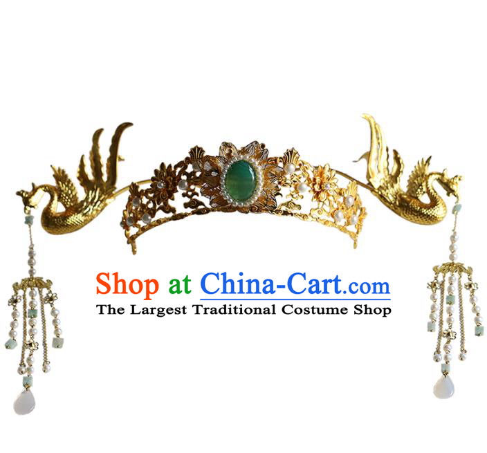 Traditional China Handmade Pearls Hair Crown Wedding Hair Ornament Ancient Bride Golden Phoenix Hairpins Full Set