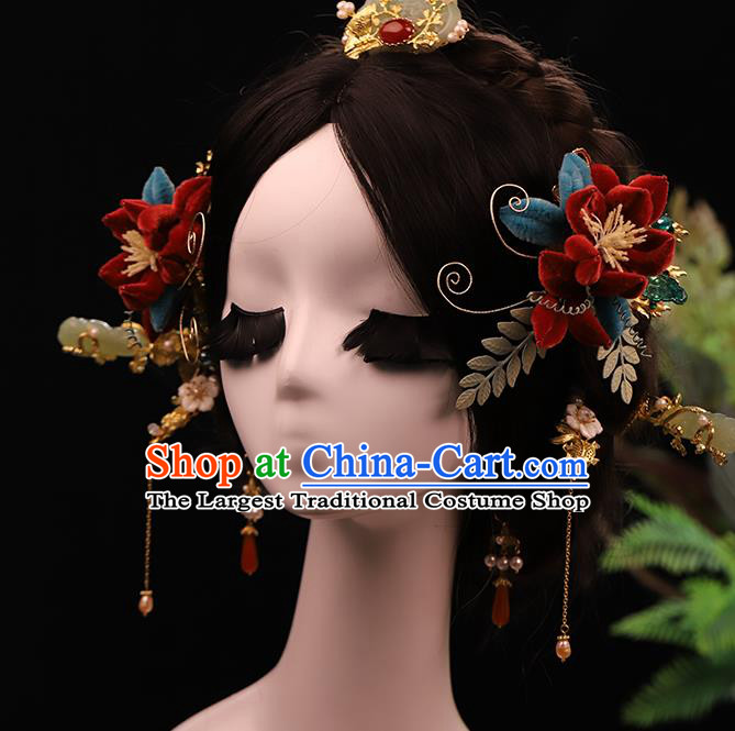 Traditional China Handmade Red Velvet Flower Hair Sticks Ancient Bride Tassel Hairpins Wedding Hair Ornament Full Set