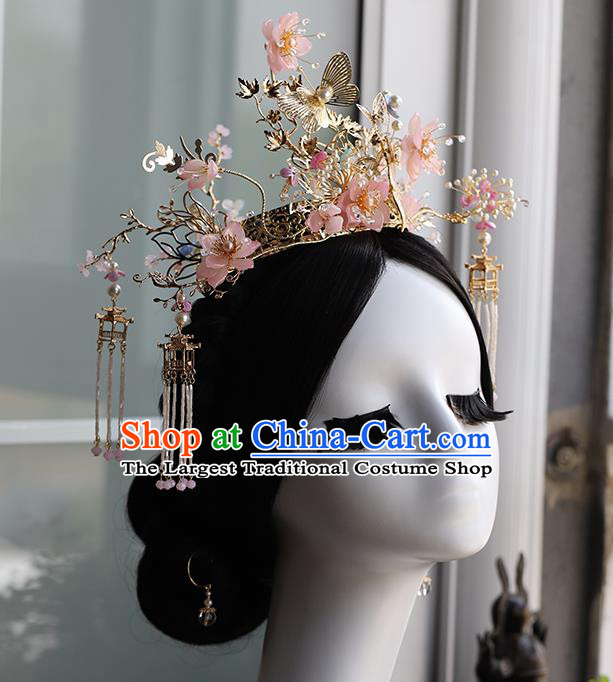 Traditional China Handmade Pink Flowers Hair Crown Ancient Bride Hairpins Phoenix Coronet Wedding Hair Ornament Full Set