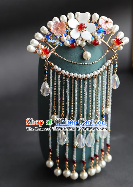 Chinese Ancient Bride Pearls Tassel Hair Comb Traditional Wedding Hair Accessories Hanfu Plum Blossom Hairpin