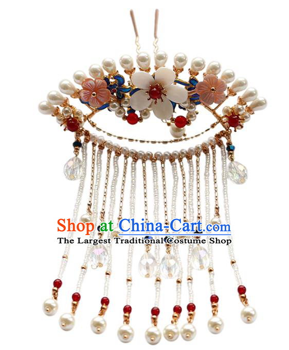 Chinese Ancient Bride Pearls Tassel Hair Comb Traditional Wedding Hair Accessories Hanfu Plum Blossom Hairpin