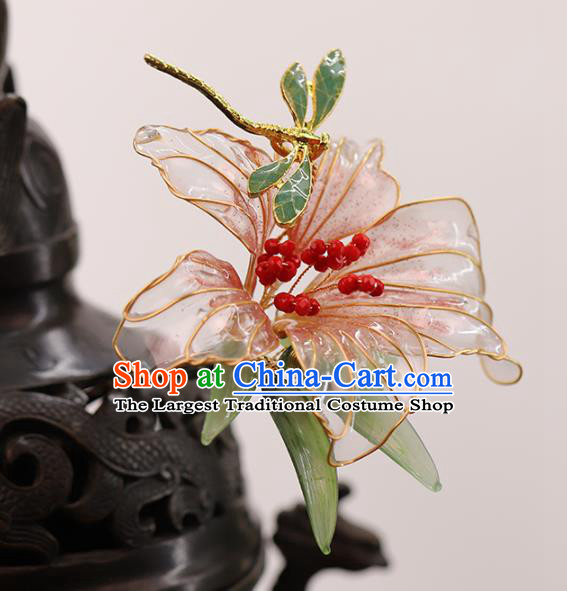 Chinese Traditional Hanfu Hairpin Wedding Hair Accessories Ancient Bride Dragonfly Pink Lily Flower Hair Stick