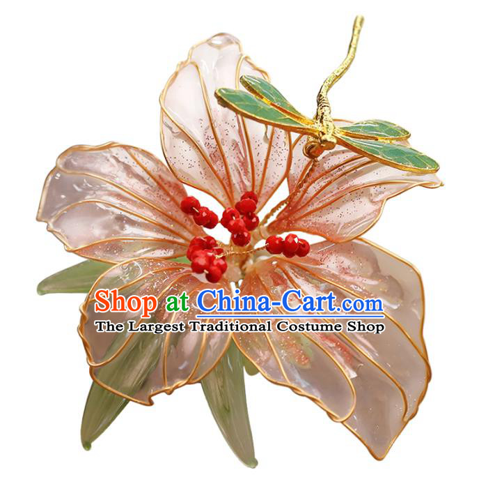 Chinese Traditional Hanfu Hairpin Wedding Hair Accessories Ancient Bride Dragonfly Pink Lily Flower Hair Stick