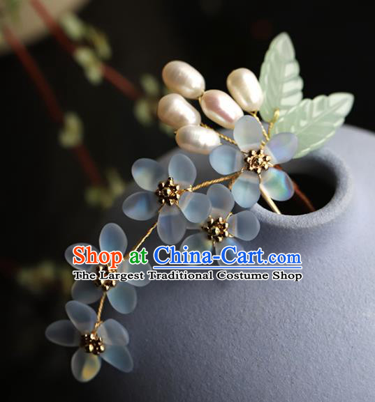 Chinese Traditional Hanfu Blue Flowers Hairpin Wedding Hair Accessories Ancient Bride Hair Stick