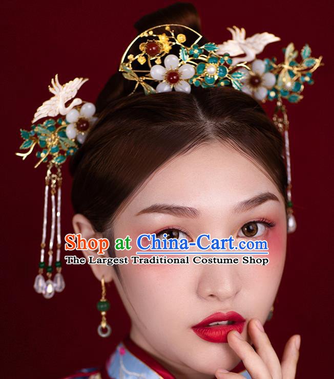 Traditional China Ancient Bride Crane Hairpins Wedding Hair Ornament Handmade Plum Hair Comb Full Set