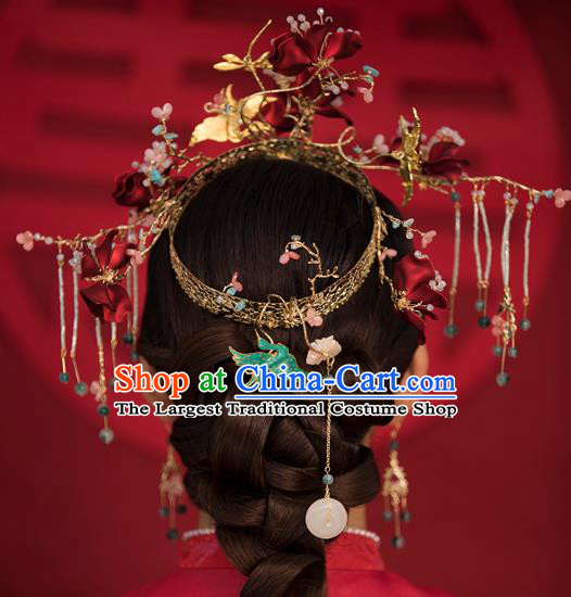 Traditional China Ancient Bride Red Flowers Hair Crown Hairpins Handmade Phoenix Coronet Wedding Hair Ornament Full Set