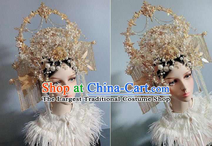 Top Grade Court Queen Phoenix Coronet Wedding Hair Ornament Handmade Golden Tassel Hair Crown
